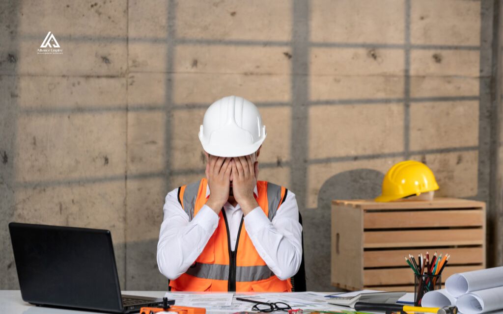 Stressed construction professional in a hard hat and safety vest holding his face at a desk with plans and a laptop.