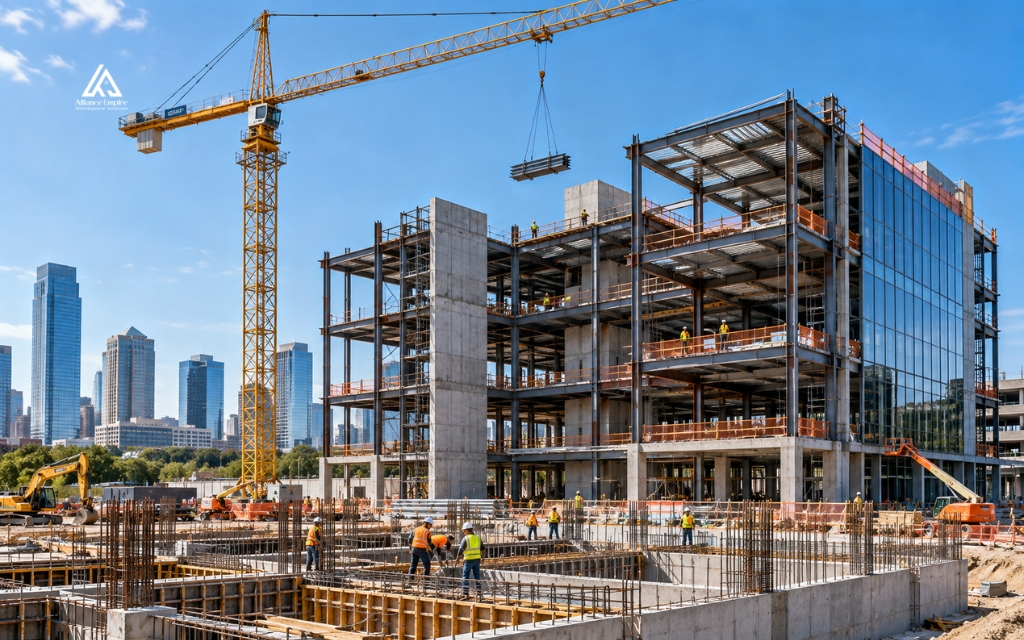 Building an office building from the ground up requires full-site coordination