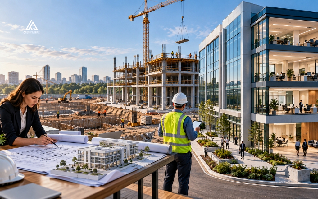 Office space construction moves from scope definition to design, permits, and completion