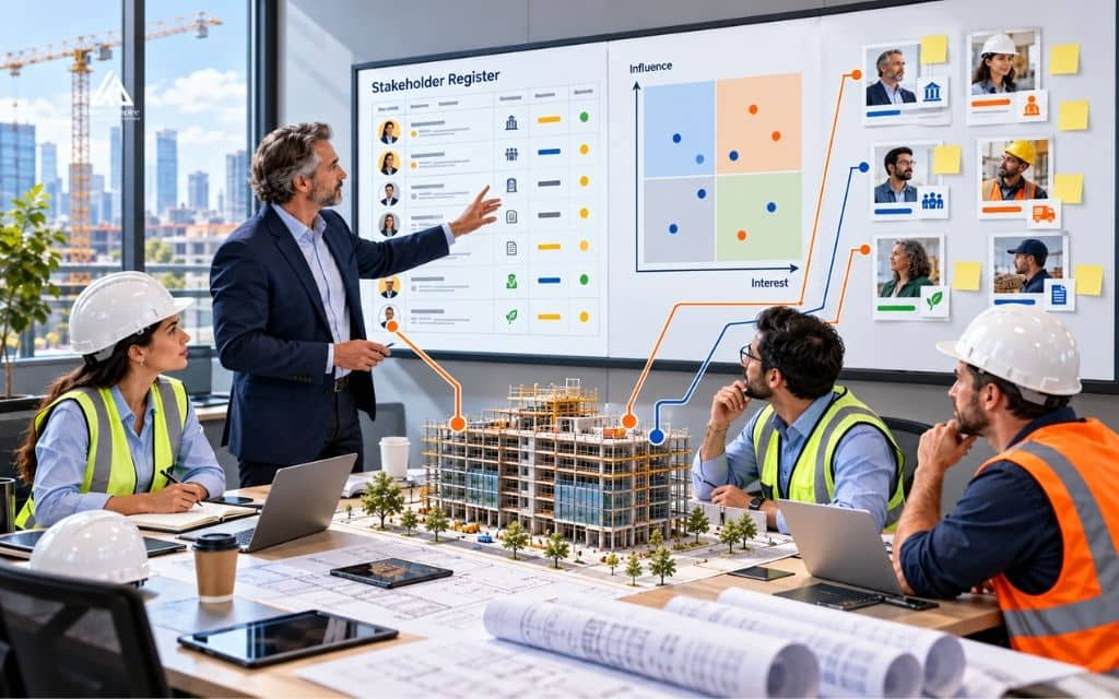 Project team reviewing a stakeholder register and an influence and interest grid on a wall display beside a building model