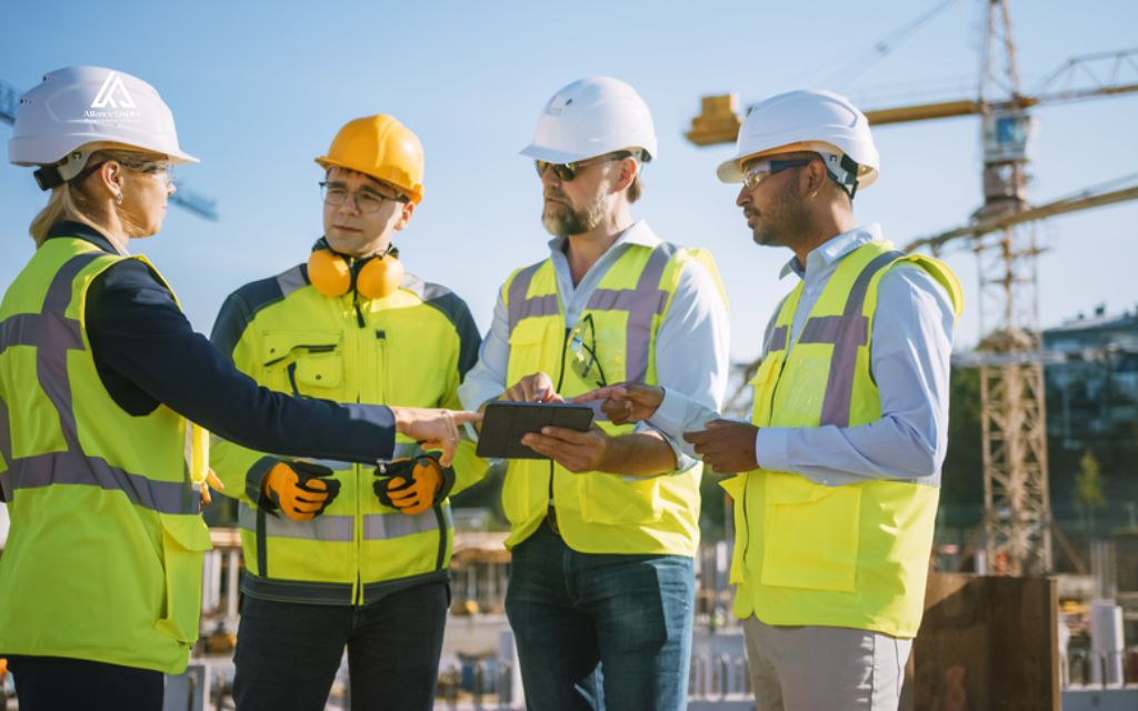 Four construction professionals in hard hats and safety vests review plans on a tablet beside a tower crane.