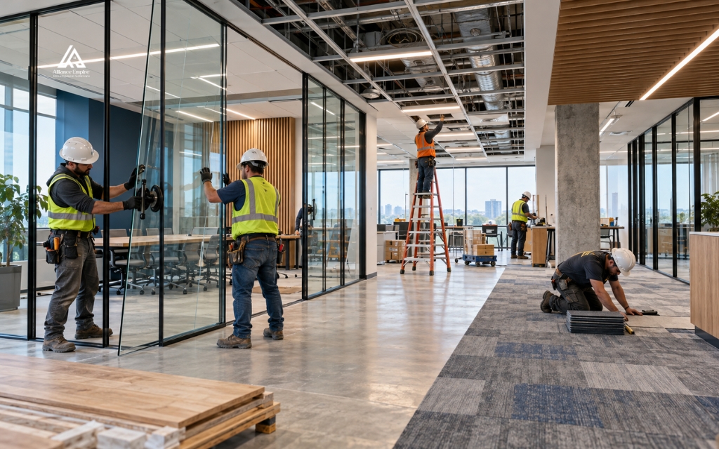 Office space build out work includes partitions, systems, finishes, and services