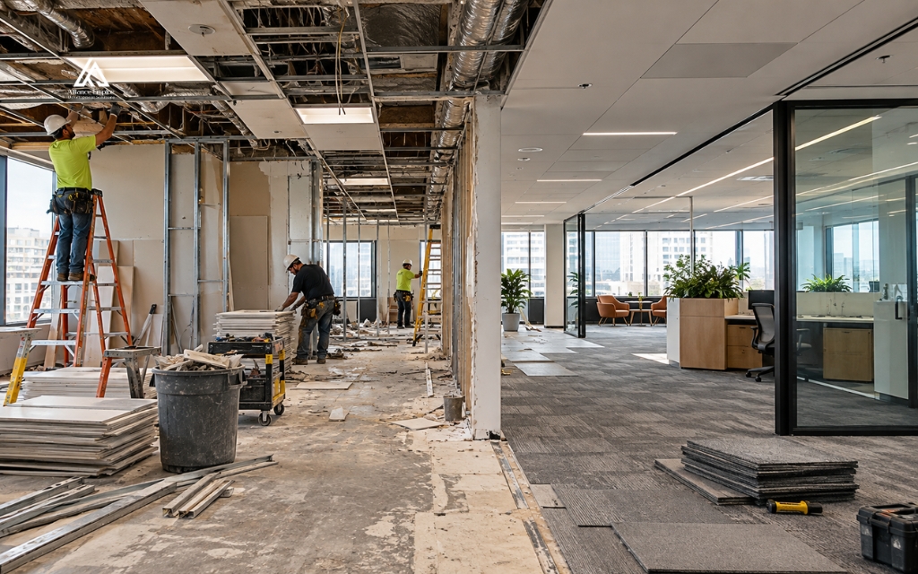 Office space renovation updates existing layouts, systems, finishes, and workplace performance