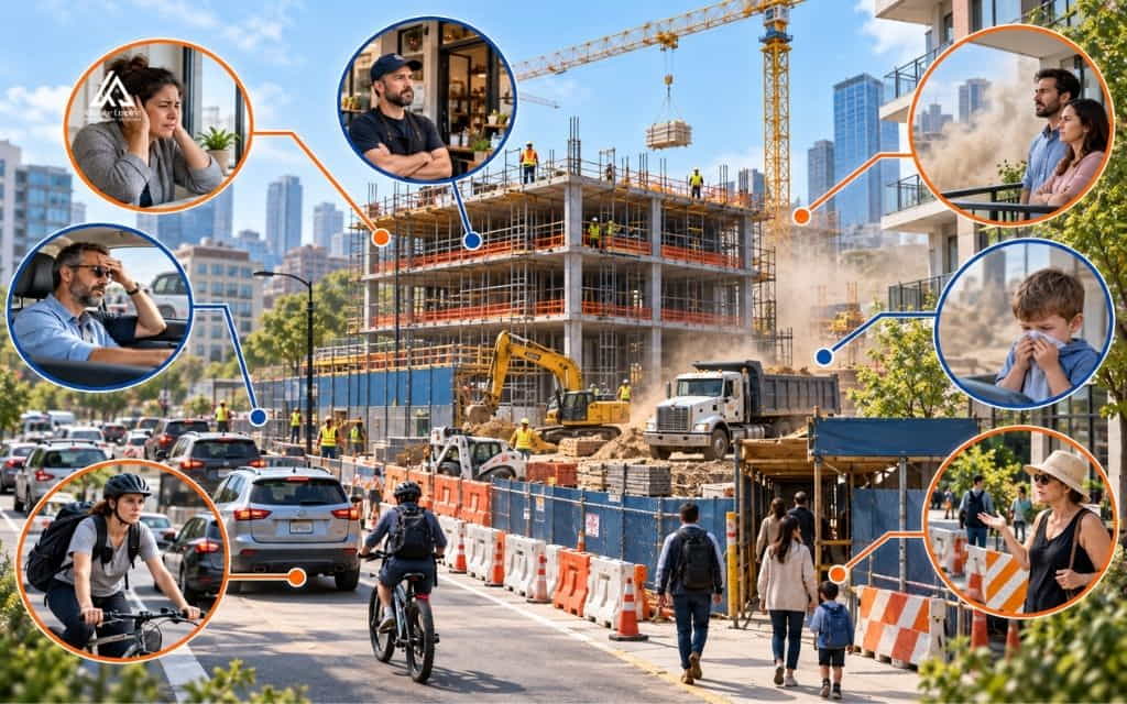 Construction site with insets of residents, a driver, a cyclist, and a shop owner affected by noise, dust, and traffic.