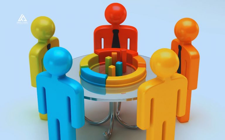 Colorful 3D figures around a glass table with charts, representing stakeholders in a construction project