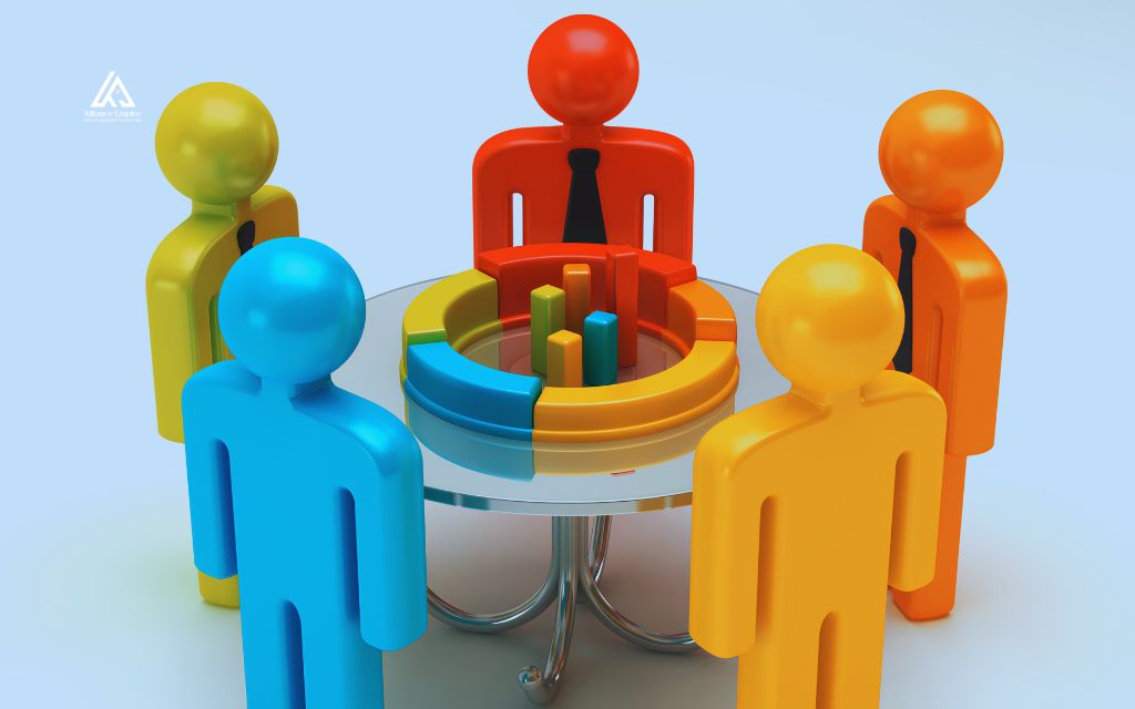 Colorful 3D figures around a glass table with charts, representing stakeholders in a construction project
