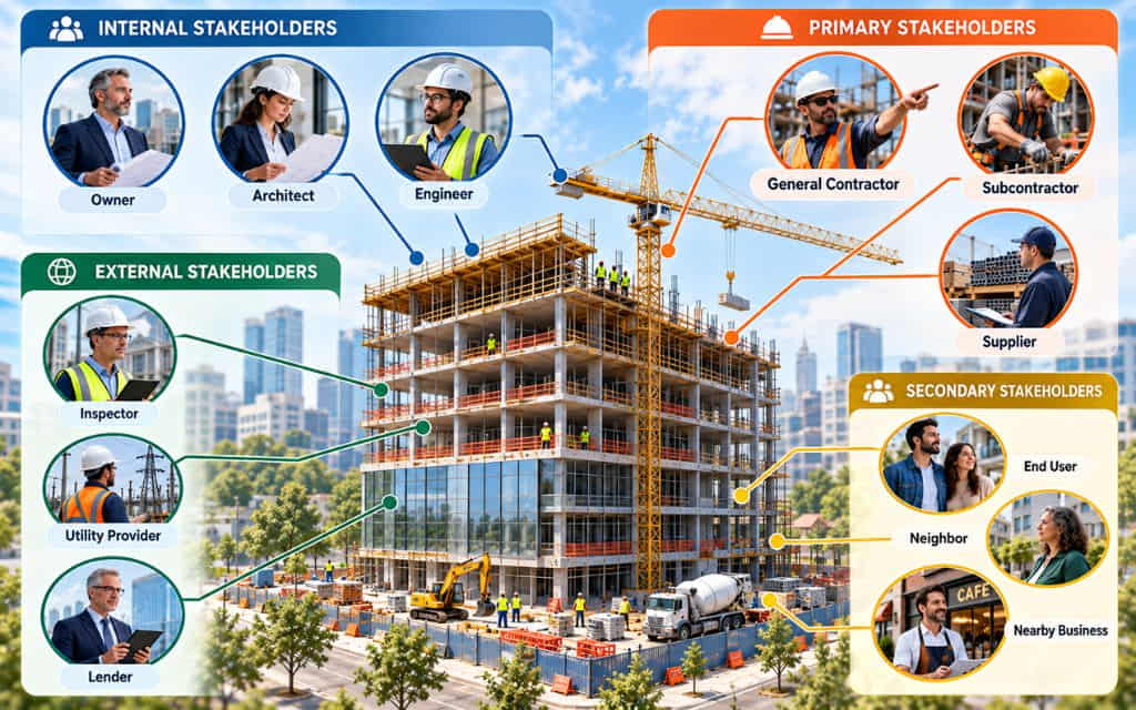 Infographic of a building under construction labeling internal, external, primary, and secondary stakeholders.